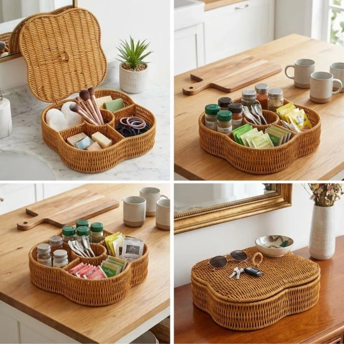 İpek Yıldızı® Kapaklı 5 Bölmeli Plastik Rattan Organizer Kutu – Hasır Desenli Çok Amaçlı Saklama ve Sunum Sepeti Çerezlik