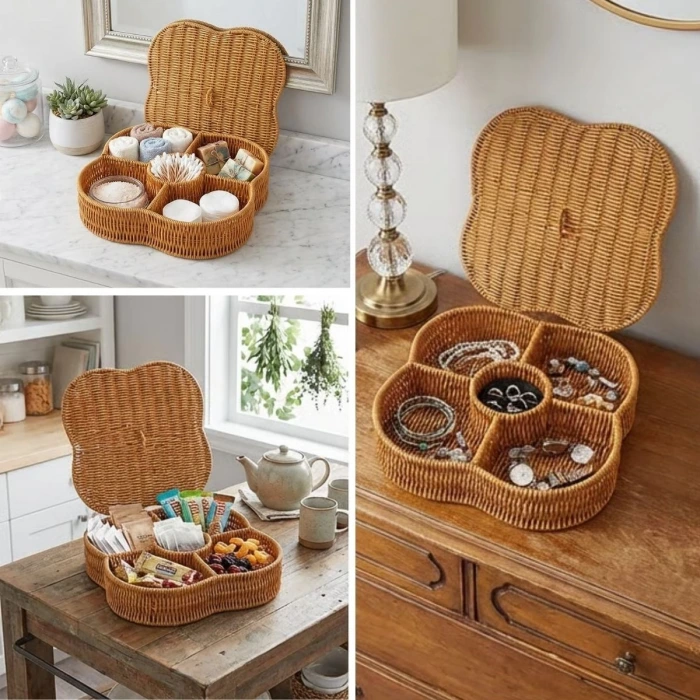 İpek Yıldızı® Kapaklı 5 Bölmeli Plastik Rattan Organizer Kutu – Hasır Desenli Çok Amaçlı Saklama ve Sunum Sepeti Çerezlik