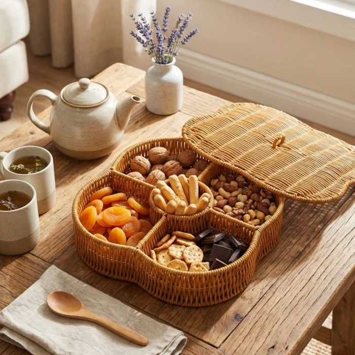 İpek Yıldızı® Kapaklı 5 Bölmeli Plastik Rattan Organizer Kutu – Hasır Desenli Çok Amaçlı Saklama ve Sunum Sepeti Çerezlik