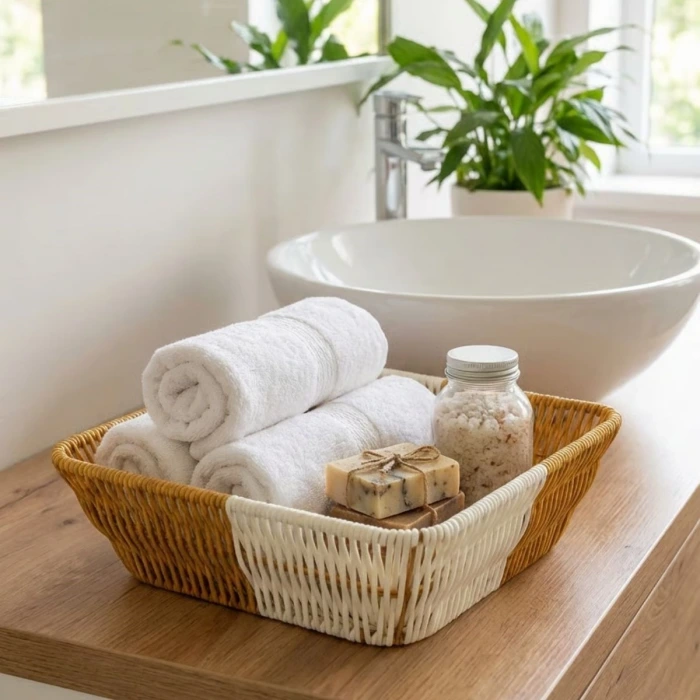 İpek Yıldızı® Kare Çift Renkli Plastik Rattan Ekmek ve Meyve Sepeti - Çok Amaçlı Banyo ve Mutfak Düzenleyici - Yıkanabilir Tezgâh Üstü Organizer