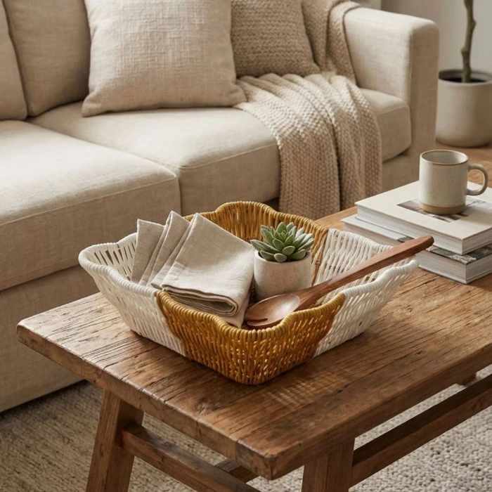 İpek Yıldızı® Kare Dalgalı Çift Renkli Plastik Rattan Ekmek ve Meyve Sepeti - Çok Amaçlı Banyo ve Mutfak Düzenleyici - Yıkanabilir Tezgâh Üstü Organiz