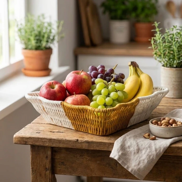 İpek Yıldızı® Kare Dalgalı Çift Renkli Plastik Rattan Ekmek ve Meyve Sepeti - Çok Amaçlı Banyo ve Mutfak Düzenleyici - Yıkanabilir Tezgâh Üstü Organiz