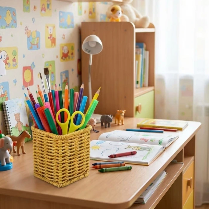 İpek Yıldızı® Kare Hasır Dokulu Plastik Rattan Kaşıklık & Çatallık – Askılı Kendiliğinden Tutmalı Çok Amaçlı Mutfak Organizeri