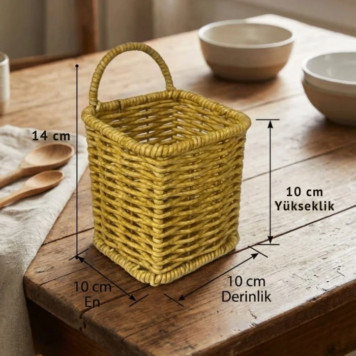 İpek Yıldızı® Kare Hasır Dokulu Plastik Rattan Kaşıklık & Çatallık – Askılı Kendiliğinden Tutmalı Çok Amaçlı Mutfak Organizeri