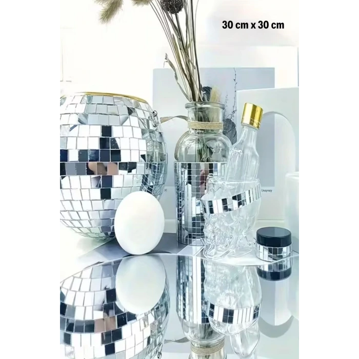 İpek Yıldızı® Kare Silver Cam Mozaik Fayans Çıkartmaları El İşi Kare Cam Fayans Kendinden Yapışkanlı Aynalı Dekor Panel 30x30 Cm