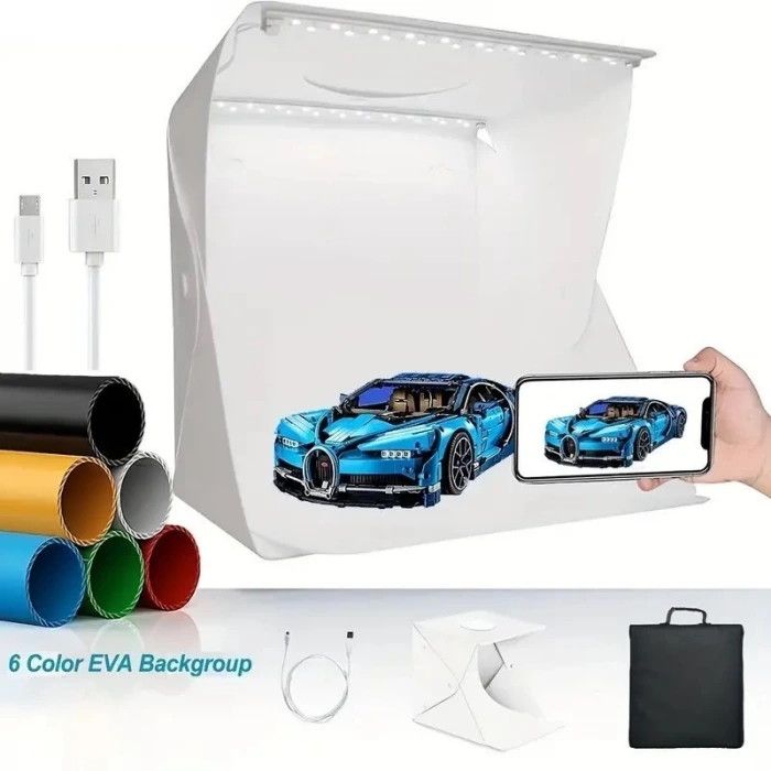İpek Yıldızı® Katlanır Işıklı Fotoğraf Stüdyosu 40x40 cm 6 Renk Fonlu Ürün Çekimi İçin Uygun Fotoğraf Çekim Kutusu