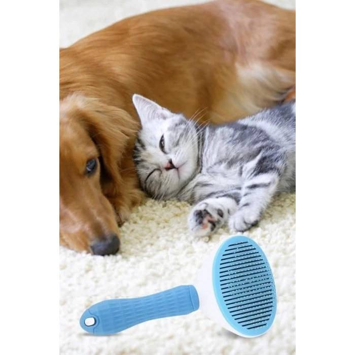 İpek Yıldızı® Kedi Köpek Tüy Toplayıcı Kendini Temizleyebilen Ergonomik Saplı Evcil Hayvan Tarağı Mavi