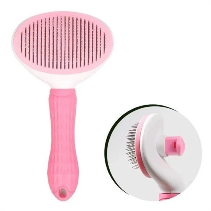 İpek Yıldızı® Kedi Köpek Tüy Toplayıcı Kendini Temizleyebilen Ergonomik Saplı Evcil Hayvan Tarağı Pembe