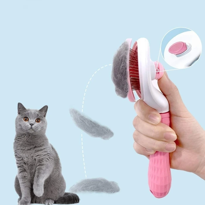 İpek Yıldızı® Kedi Köpek Tüy Toplayıcı Kendini Temizleyebilen Ergonomik Saplı Evcil Hayvan Tarağı Pembe