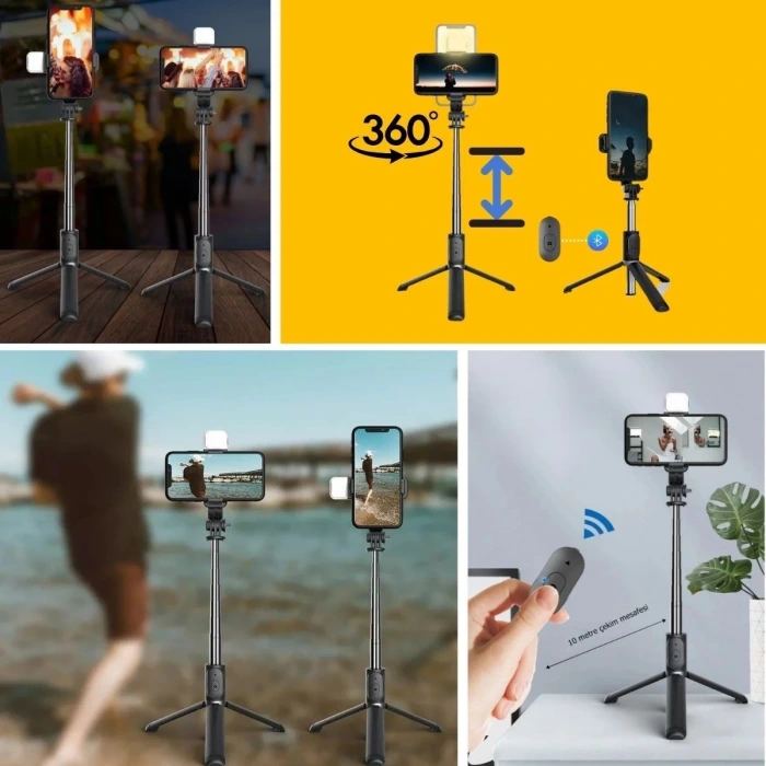 İpek Yıldızı® Kendiliğinden Işıklı Masaüstü Tripod Olabilen Telefon Tutuculu Kablosuz Kumandalı Selfie Çubuğu