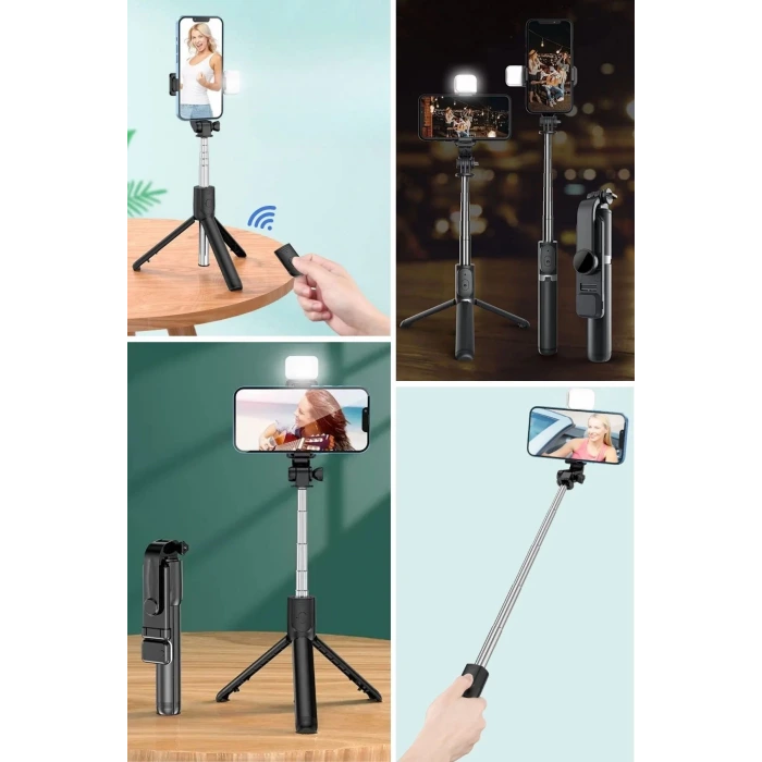 İpek Yıldızı® Kendiliğinden Işıklı Masaüstü Tripod Olabilen Telefon Tutuculu Kablosuz Kumandalı Selfie Çubuğu