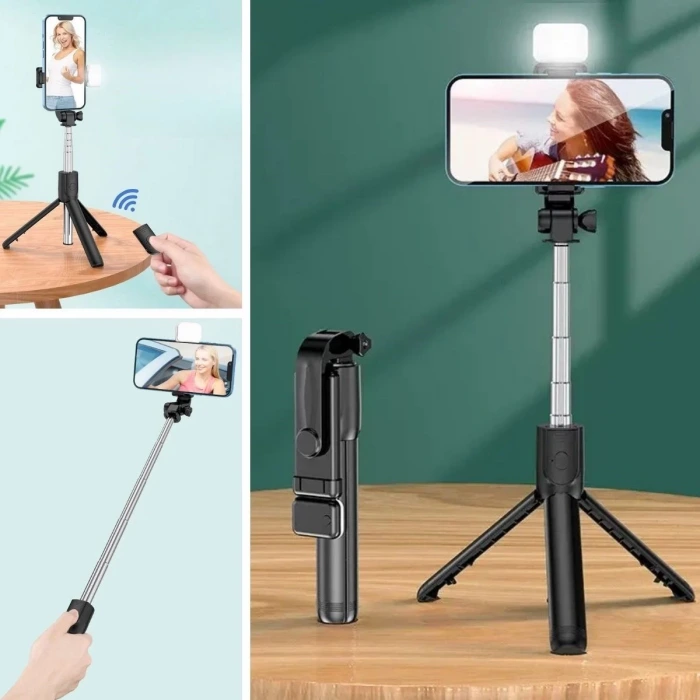 İpek Yıldızı® Kendiliğinden Işıklı Masaüstü Tripod Olabilen Telefon Tutuculu Kablosuz Kumandalı Selfie Çubuğu