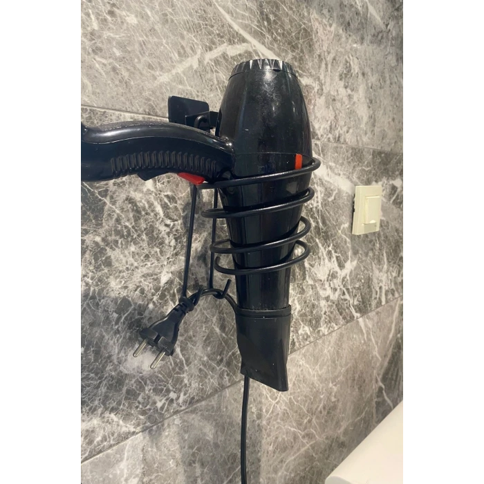 İpek Yıldızı® Kendiliğinden Yapışkanlı Siyah Paslanmaz Metal Fön Makinesi Askısı Saç Kurutma Makinesi Tutacağı
