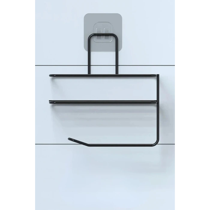 İpek Yıldızı® Kendiliğinden Yapışkanlı Tuvalet Kağıdı Tutacağı ve Yedek Raf - Siyah Modern Metal Tasarım