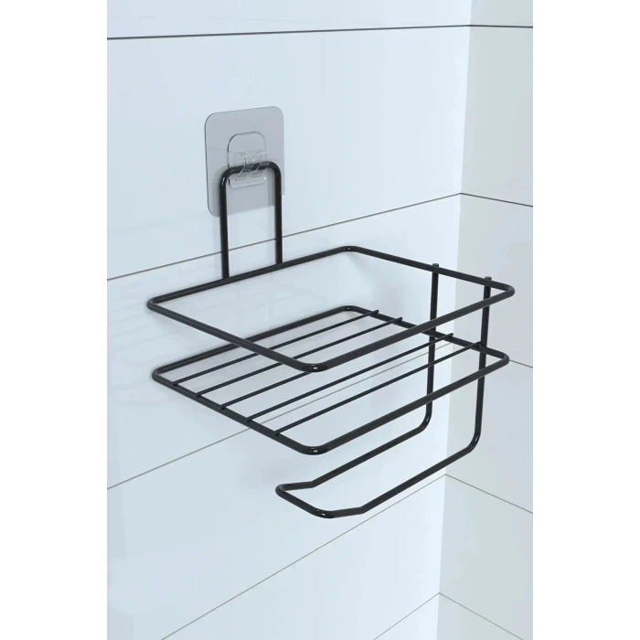İpek Yıldızı® Kendiliğinden Yapışkanlı Tuvalet Kağıdı Tutacağı ve Yedek Raf - Siyah Modern Metal Tasarım