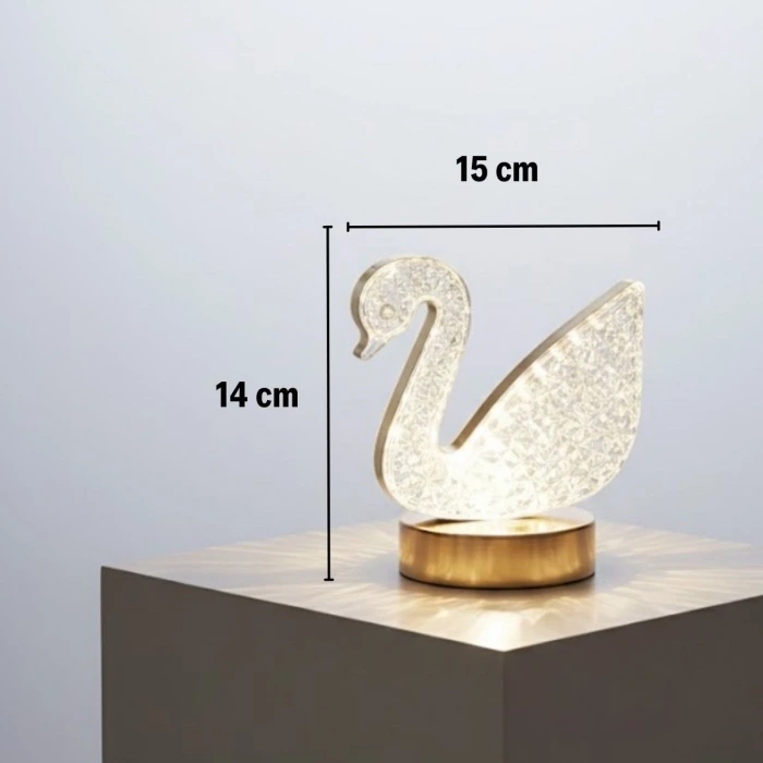 İpek Yıldızı® Kuğu Model Kristal LED Masa Lambası – Dokunmatik, 3 Renk Işık Modlu, Şarjlı Mini Dekoratif Gece Lambası