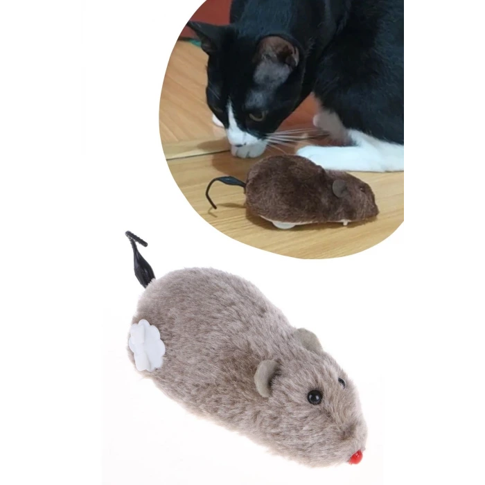 İpek Yıldızı® Kurmalı Kedi Eğitim Oyuncağı Tüylü Peluş Fare Yakalama İnteraktif Sevimli Eğlenceli Oyuncak