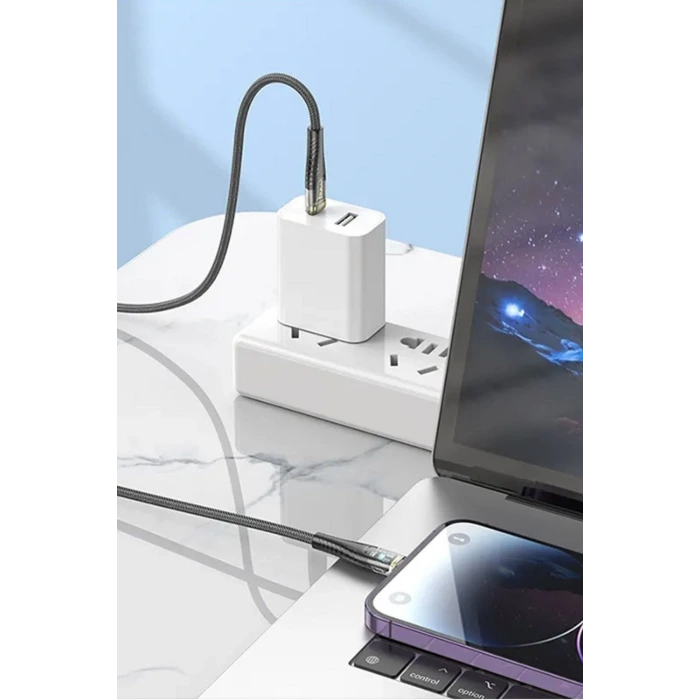 İpek Yıldızı® Led Işık Uçlu Sağlam İp Kablolu USB to Lightning Hızlı Şarj Kablosu