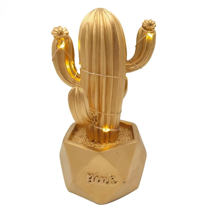 İpek Yıldızı® Led Işıklı Sevimli Kaktüs Dekoratif Masa Lambası Mini Biblo Gece Lambası-GOLD