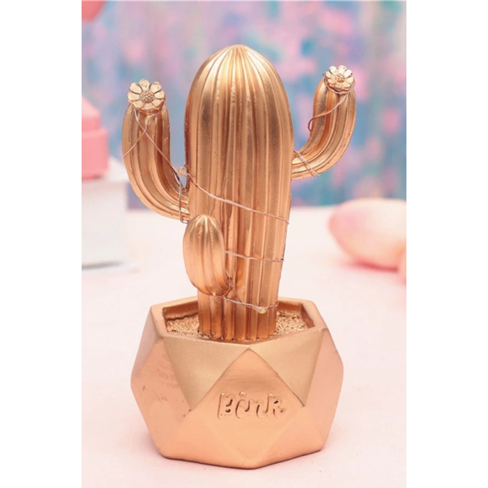 İpek Yıldızı® Led Işıklı Sevimli Kaktüs Dekoratif Masa Lambası Mini Biblo Gece Lambası-GOLD