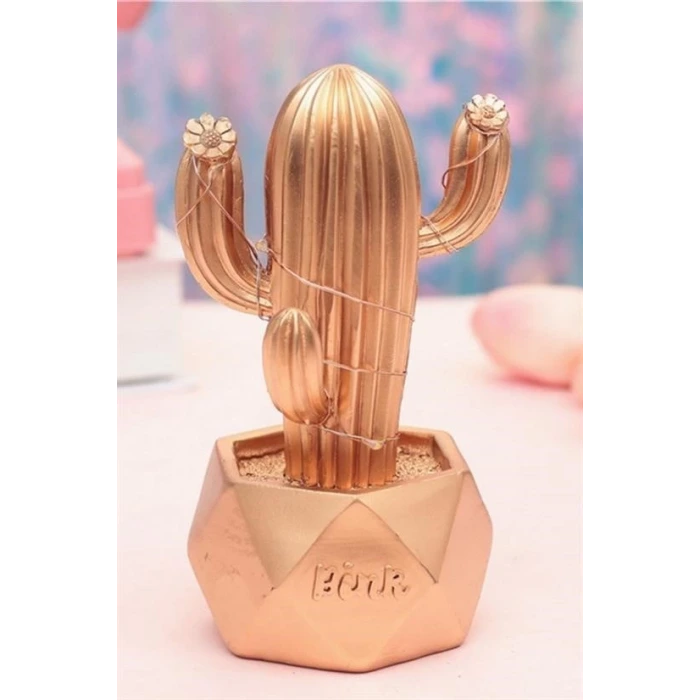 İpek Yıldızı® Led Işıklı Sevimli Kaktüs Dekoratif Masa Lambası Mini Biblo Gece Lambası-GOLD