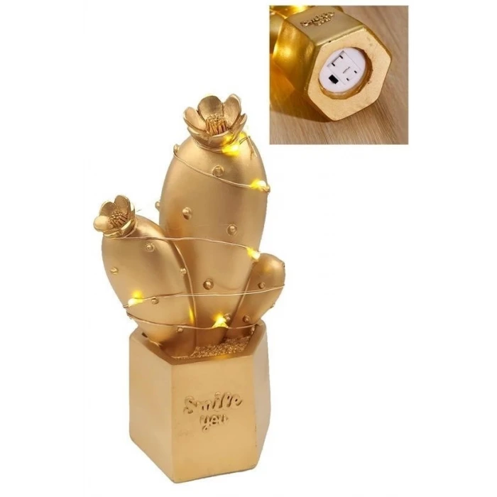 İpek Yıldızı® Led Işıklı Sevimli Kaktüs Dekoratif Masa Lambası Mini Biblo Gece Lambası Gold