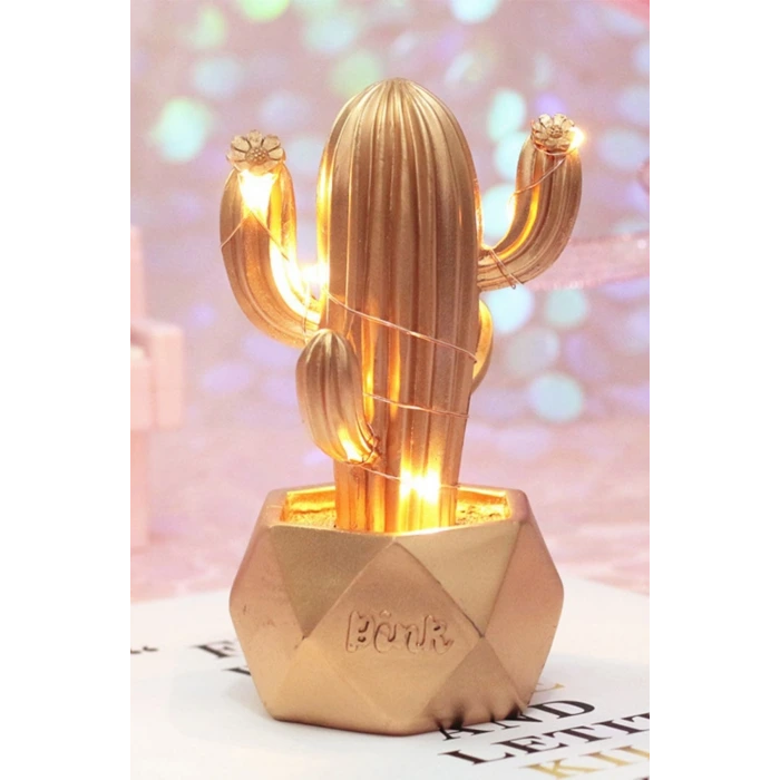 İpek Yıldızı® Led Işıklı Sevimli Kaktüs Dekoratif Masa Lambası Mini Biblo Gece Lambası-GOLD