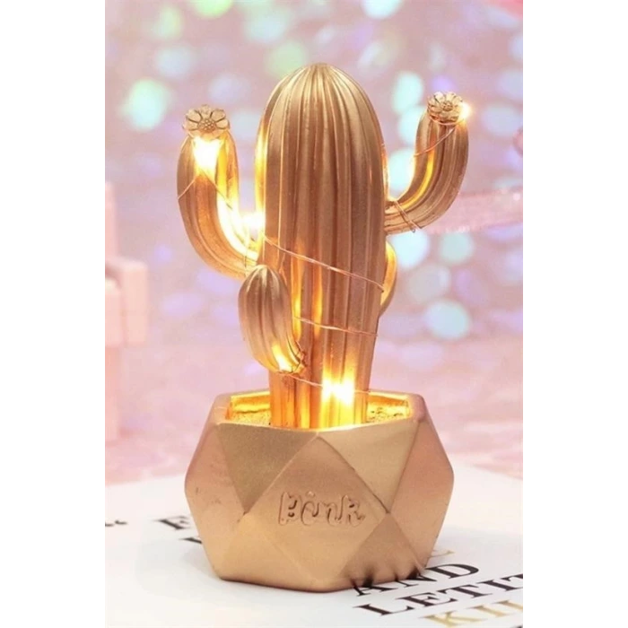 İpek Yıldızı® Led Işıklı Sevimli Kaktüs Dekoratif Masa Lambası Mini Biblo Gece Lambası-GOLD