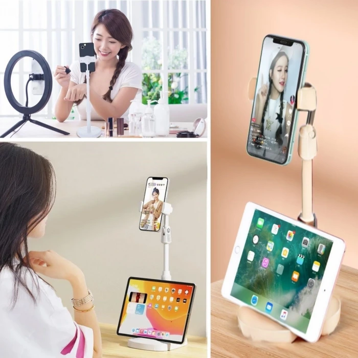 İpek Yıldızı® Masa Üstü Tablet ve Telefon Tutucu Plastik Aparat Beyaz Telefon Standı