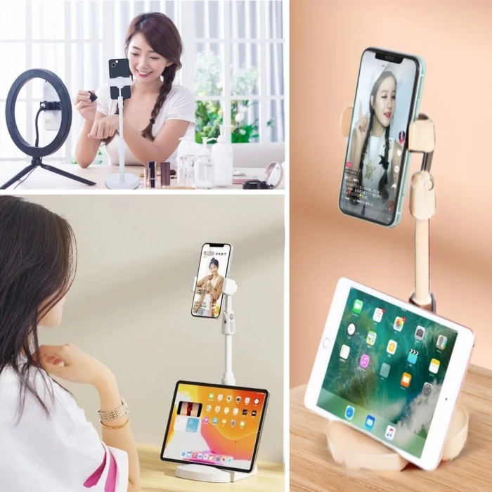 İpek Yıldızı® Masa Üstü Tablet ve Telefon Tutucu Plastik Aparat Beyaz Telefon Standı