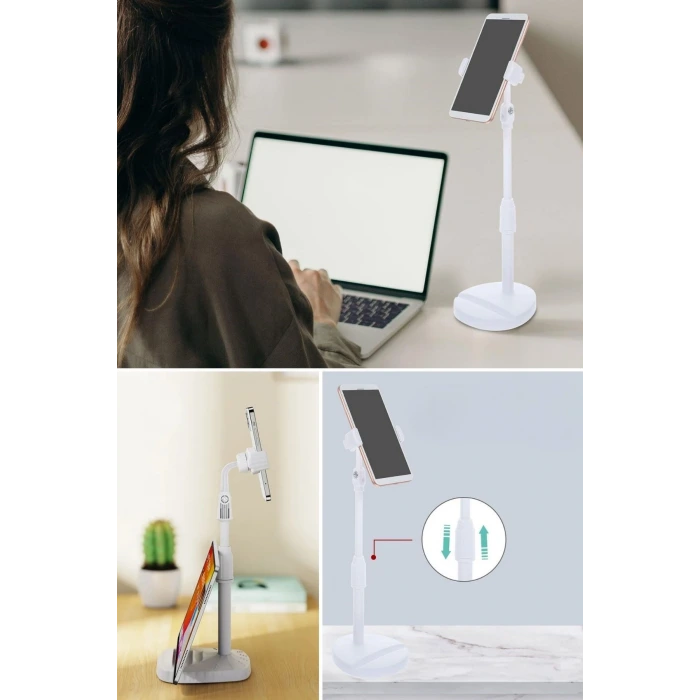 İpek Yıldızı® Masa Üstü Tablet ve Telefon Tutucu Plastik Aparat Beyaz Telefon Standı