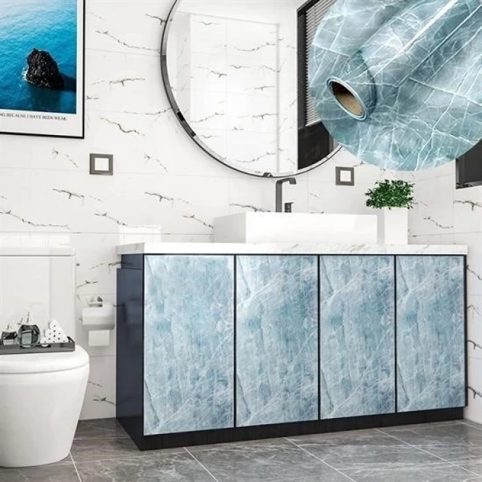 İpek Yıldızı® Mermer Desenli Masa Tezgah Mutfak Su Geçirmez Yapışkanlı Folyo Sticker Mavi 5x0,6m