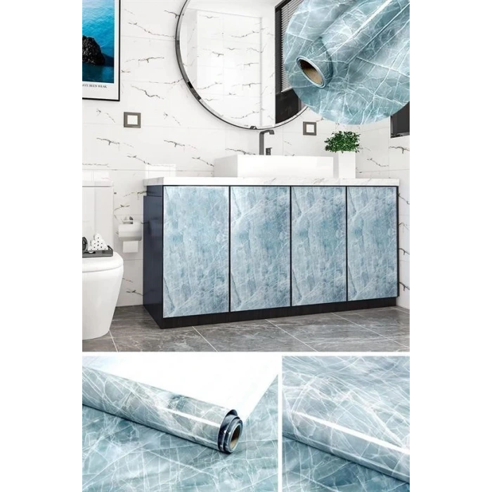 İpek Yıldızı® Mermer Desenli Masa Tezgah Mutfak Su Geçirmez Yapışkanlı Folyo Sticker Mavi 5x0,6m