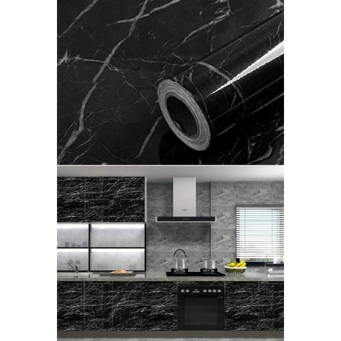 İpek Yıldızı® Mermer Desenli Masa Tezgah Mutfak Su Geçirmez Yapışkanlı Folyo Sticker Siyah 5x0,6m