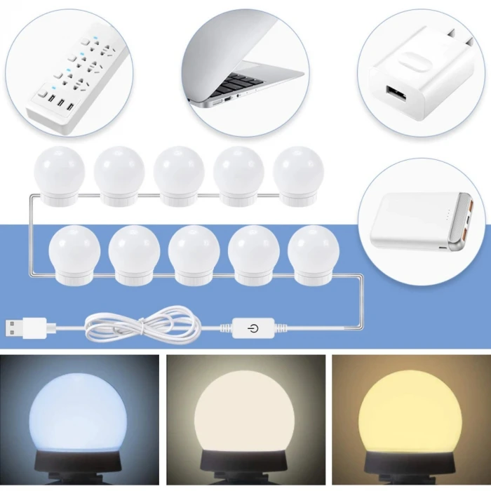 İpek Yıldızı® Nostalji Hollywood Tarzı 10lu Makyaj Masası Aynası Beyaz Led Işıklı Lamba USB
