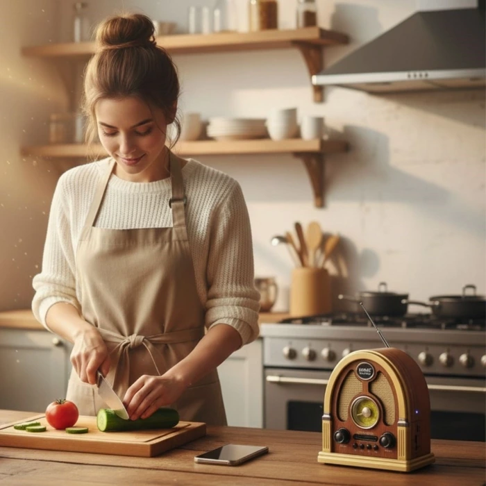 İpek Yıldızı® Orta Boy Kubbe Model Retro Ahşap Tasarım Bluetooth Hoparlörlü Radyo – FM/AM Destekli, Şarjlı ve Taşınabilir Radyo NS-7061