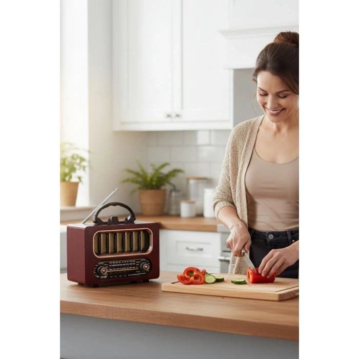İpek Yıldızı® Orta Boy Retro Ahşap Tasarım Bluetooth Hoparlörlü Radyo – FM/AM Destekli, Şarjlı ve Taşınabiliri Radyo NS-6636