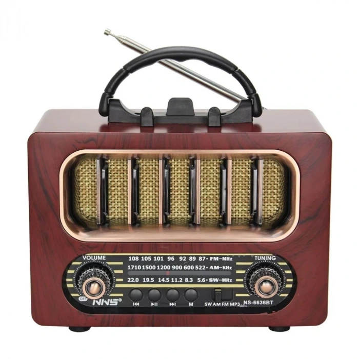 İpek Yıldızı® Orta Boy Retro Ahşap Tasarım Bluetooth Hoparlörlü Radyo – FM/AM Destekli, Şarjlı ve Taşınabiliri Radyo NS-6636