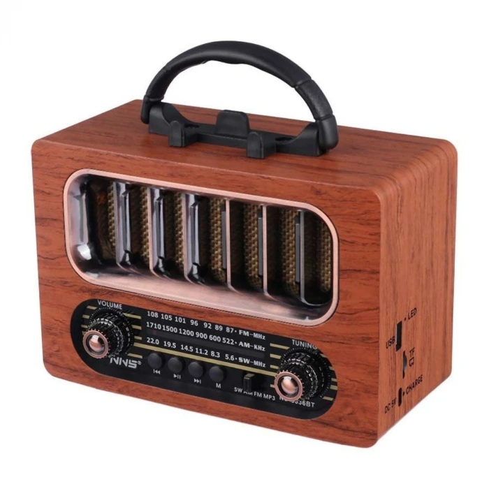 İpek Yıldızı® Orta Boy Retro Ahşap Tasarım Bluetooth Hoparlörlü Radyo – FM/AM Destekli, Şarjlı ve Taşınabiliri Radyo NS-6636