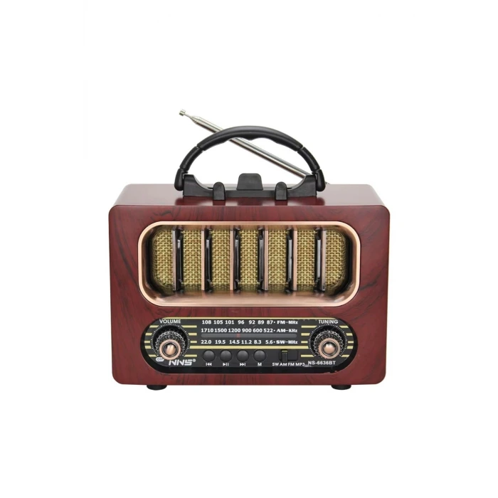 İpek Yıldızı® Orta Boy Retro Ahşap Tasarım Bluetooth Hoparlörlü Radyo – FM/AM Destekli, Şarjlı ve Taşınabiliri Radyo NS-6636