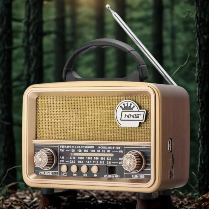 İpek Yıldızı® Orta  Boy Retro, Nostaljik, Ahşap Tasarım Bluetooth Hoparlörlü, Şarjlı, Taşınabilir FM/AM Destekli Radyo NS-8110