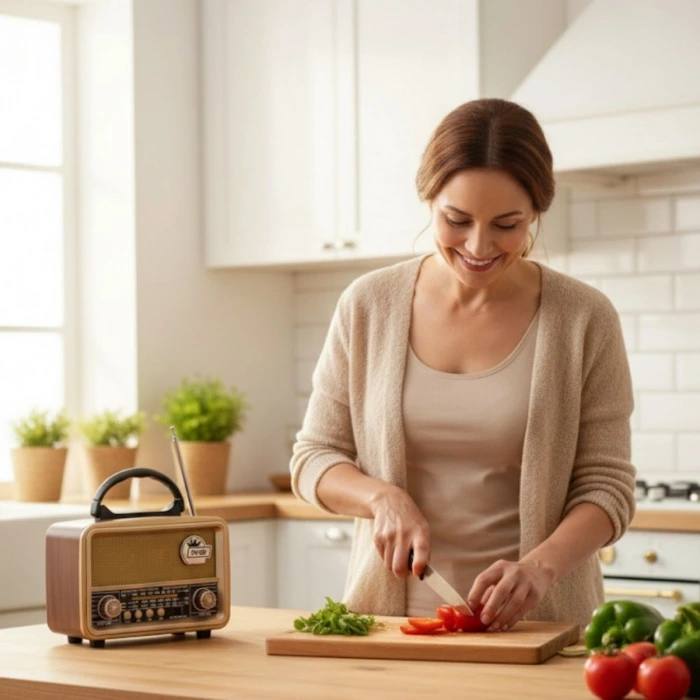 İpek Yıldızı® Orta  Boy Retro, Nostaljik, Ahşap Tasarım Bluetooth Hoparlörlü, Şarjlı, Taşınabilir FM/AM Destekli Radyo NS-8110