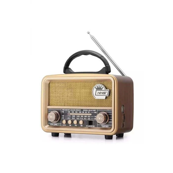 İpek Yıldızı® Orta  Boy Retro, Nostaljik, Ahşap Tasarım Bluetooth Hoparlörlü, Şarjlı, Taşınabilir FM/AM Destekli Radyo NS-8110