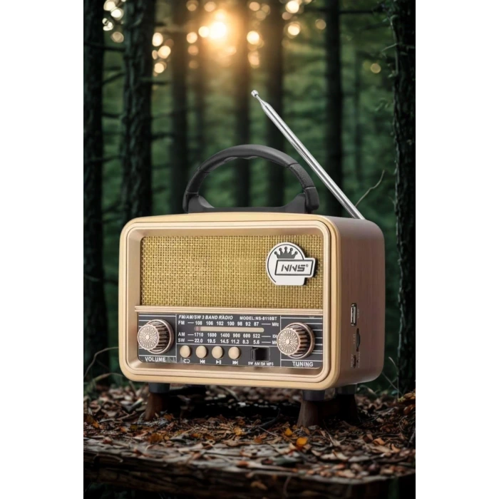 İpek Yıldızı® Orta  Boy Retro, Nostaljik, Ahşap Tasarım Bluetooth Hoparlörlü, Şarjlı, Taşınabilir FM/AM Destekli Radyo NS-8110