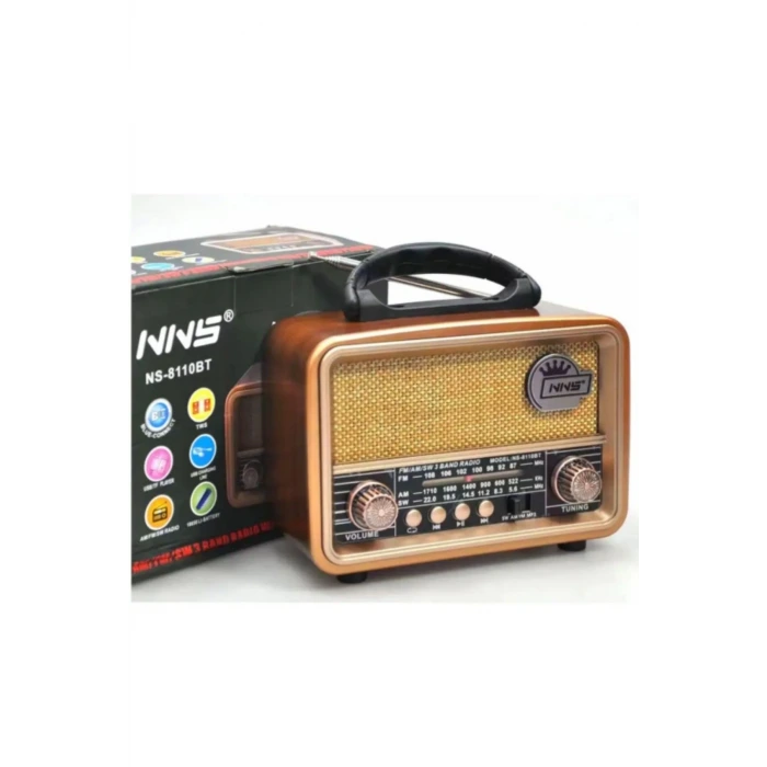 İpek Yıldızı® Orta  Boy Retro, Nostaljik, Ahşap Tasarım Bluetooth Hoparlörlü, Şarjlı, Taşınabilir FM/AM Destekli Radyo NS-8110