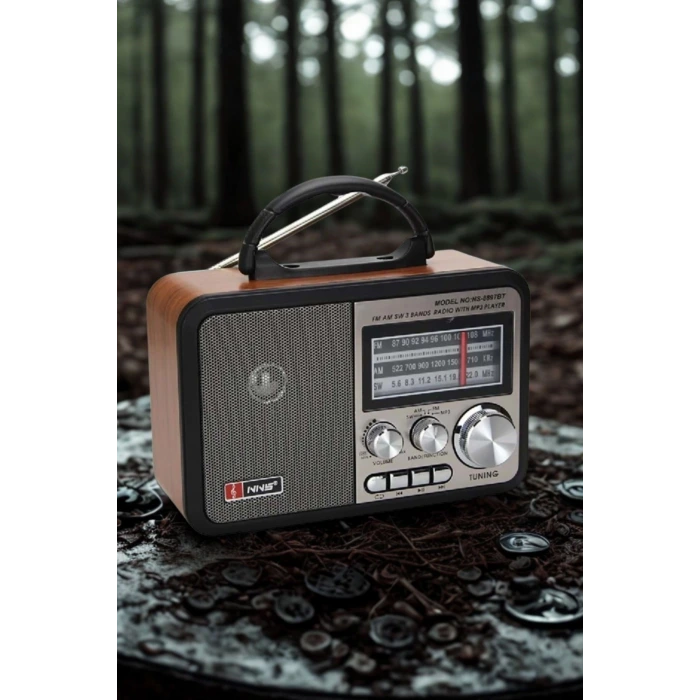 İpek Yıldızı® Orta Boy Retro, Nostaljik, Ahşap Tasarım Bluetooth Hoparlörlü, Şarjlı, Taşınabilir FM/AM Destekli Radyo NS-8897