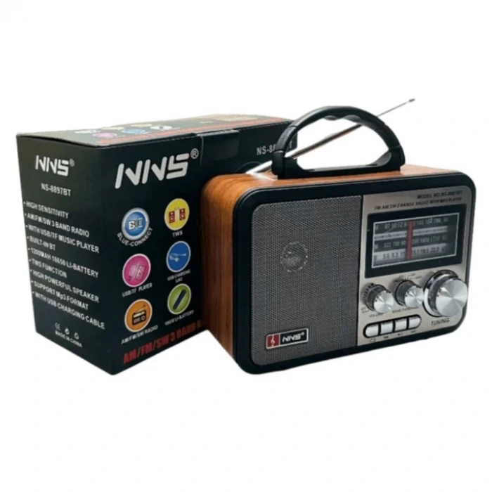 İpek Yıldızı® Orta Boy Retro, Nostaljik, Ahşap Tasarım Bluetooth Hoparlörlü, Şarjlı, Taşınabilir FM/AM Destekli Radyo NS-8897