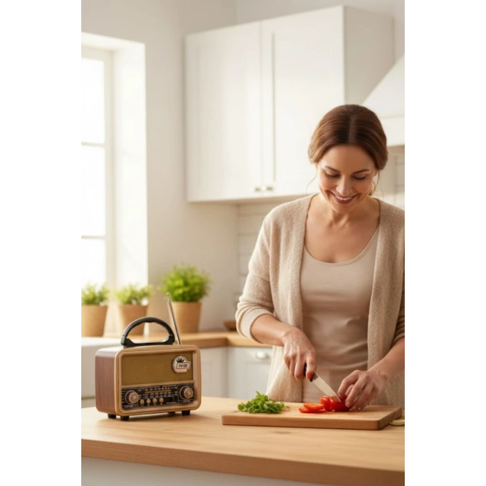 İpek Yıldızı® Orta  Boy Retro, Nostaljik, Ahşap Tasarım Bluetooth Hoparlörlü, Şarjlı, Taşınabilir FM/AM Destekli Radyo NS-8110
