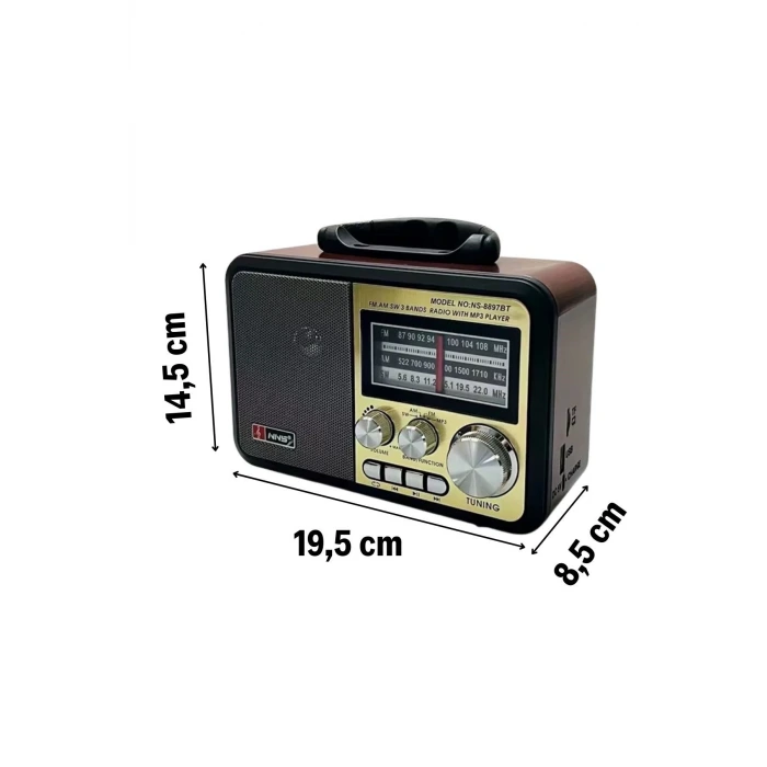 İpek Yıldızı® Orta Boy Retro, Nostaljik, Ahşap Tasarım Bluetooth Hoparlörlü, Şarjlı, Taşınabilir FM/AM Destekli Radyo NS-8897