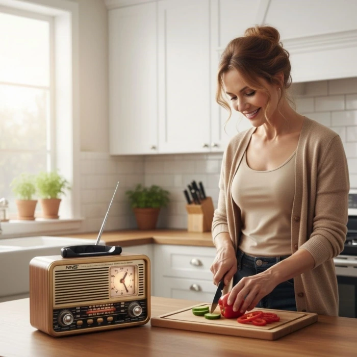 İpek Yıldızı® Orta Boy Saat Göstergeli Retro Ahşap Tasarım Bluetooth Hoparlörlü Radyo – FM/AM Destekli, Şarjlı ve Taşınabilir Radyo NS-8898